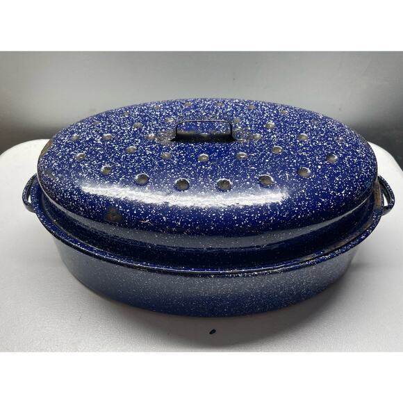 Granite Ware Medium Roasting Pan with Lid 17” X 7” Oval Blue Speckled Domed Lid - Picture 2 of 10